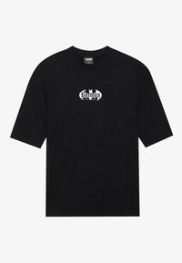Black short-sleeve t-shirt made of cotton, featuring a white and purple Batman logo in the center. Classic crew neck design.