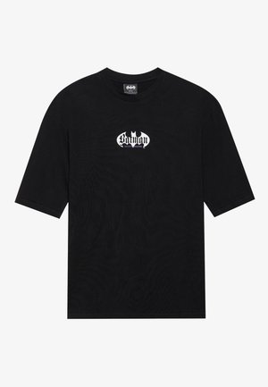 Black short-sleeve t-shirt made of cotton, featuring a white and purple Batman logo in the center. Classic crew neck design.