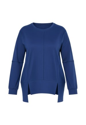 Niebieska bluzka z długim rękawem i okrągłym dekoltem, z rozcięciami po bokach i fakturowaną tkaniną, zaprojektowana dla luźnego kroju i codziennego noszenia.