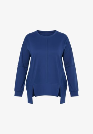 Niebieska bluzka z długim rękawem i okrągłym dekoltem, z rozcięciami po bokach i fakturowaną tkaniną, zaprojektowana dla luźnego kroju i codziennego noszenia.