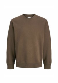 Bruine katoenen sweatshirt met een ronde hals, lange mouwen en geribbelde manchetten en zoom. Soepele textuur en eenvoudig ontwerp zonder patronen.