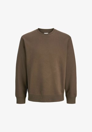 Sweatshirt en coton marron avec un col rond, des manches longues et des poignets et un ourlet côtelés. Texture lisse et design simple sans motifs.