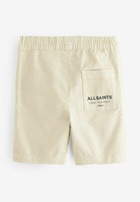 Beige shorts med elastisk midjeband, som har en bakficka med "ALLSAINTS"-logotyp i svart text. Mjukt, lätt tyg.