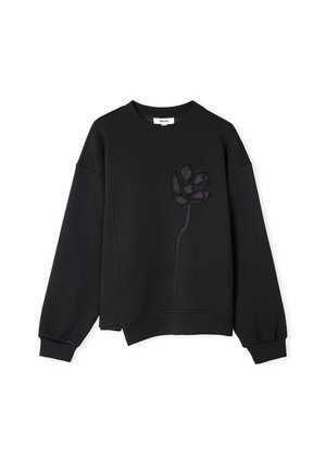 Zwarte longsleeve met geribbelde manchetten en zoom, met een getextureerde zwarte bloemenborduursel op de linkerborst.