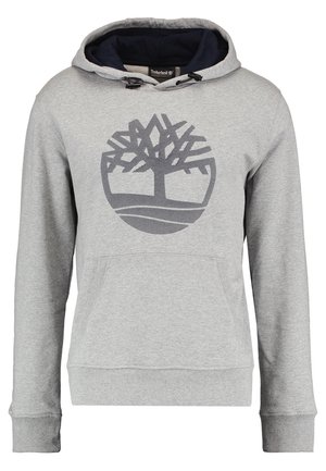 Grå hættetrøje med frontlomme og sort Timberland trælogo centreret på brystet, med justerbare snore i hætten.