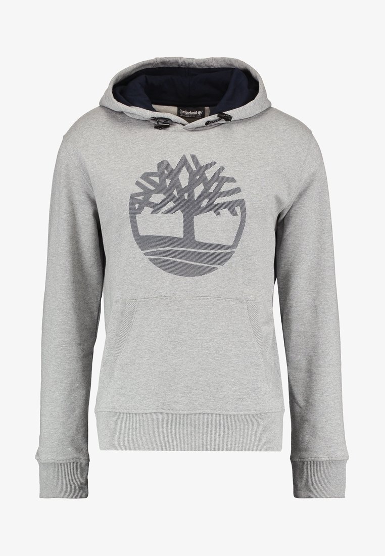 Sweat à capuche gris avec poche avant et logo arbre Timberland noir centré sur la poitrine, doté de cordons de capuche réglables.