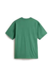 T-shirt vert encolure ras du cou en coton, à manches courtes et à coupe décontractée. La vue arrière montre une texture lisse et unie sans graphismes.