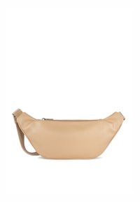Borsa a spalla in pelle beige con design curvo, chiusura con zip e tracolla regolabile per una vestibilità sicura. Texture liscia e hardware minimale.
