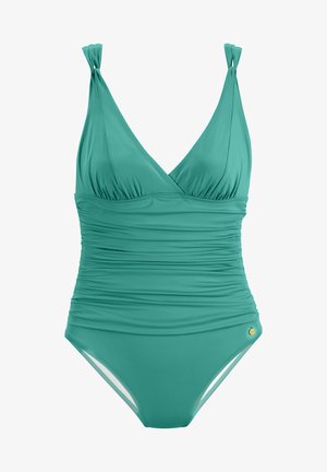 Turkoois badpak met een wikkelfrontdesign, geplisseerde textuur, verstelbare bandjes en een klein logo-detail bij de heup.