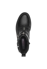 Black ankle boot made of smooth leather, featuring silver accents, a side zipper, and stitched detailing. The interior has a soft lining.