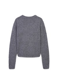 Grauer gestrickter Pullover mit langen Ärmeln, Rundhalsausschnitt und geripptem Saum. Strukturierter Stoff mit weicher Optik, keine sichtbaren Muster oder Beschläge.