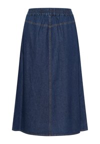 Džínová áčková sukně s elastickým pasem, tmavě modré barvy, viditelným švem a siluetou ke kolenům, která má hladkou texturu.