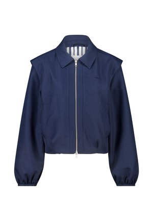 Navy blue cropped jacket with a front zipper, shoulder accents, and long sleeves with elastic cuffs. Smooth texture and striped lining.