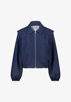 Navy blue cropped jacket with a front zipper, shoulder accents, and long sleeves with elastic cuffs. Smooth texture and striped lining.