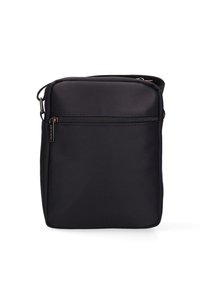 Borsa a tracolla nera realizzata in materiale resistente, con una tasca frontale con zip, forma rettangolare e tracolla regolabile per maggiore comodità.