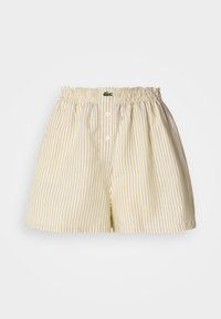 Shorts à rayures en tissu léger jaune et blanc, dotés d'une ceinture élastique et de deux boutons avant avec un petit détail logo.
