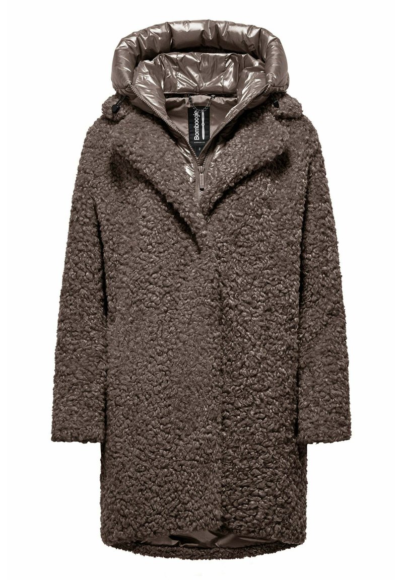 Bruine fleece jas met een puffy metallic binnenkap, een rits aan de voorkant en een gemarmerde, harige buitenkant. Lange mouwen, knielengte ontwerp.