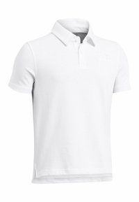 Polo shirt blanc en coton doux, avec un col rabattu, des manches courtes et des fentes sur les côtés à l'ourlet. Comprend un logo discret sur la poitrine.