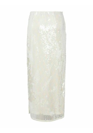 Vitt paljetkjol med en åtsittande silhuett och elastisk midja. Ytan är prydd med reflekterande, glittrande paljetter och har en sidoklípp.