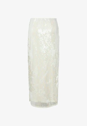 Vitt paljetkjol med en åtsittande silhuett och elastisk midja. Ytan är prydd med reflekterande, glittrande paljetter och har en sidoklípp.