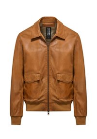 Giubbotto bomber in pelle marrone con zip frontale, due tasche anteriori, colletto, polsini e orlo a costine, caratterizzato da una consistenza liscia.