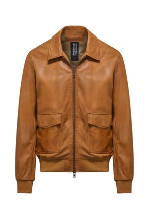 Giubbotto bomber in pelle marrone con zip frontale, due tasche anteriori, colletto, polsini e orlo a costine, caratterizzato da una consistenza liscia.