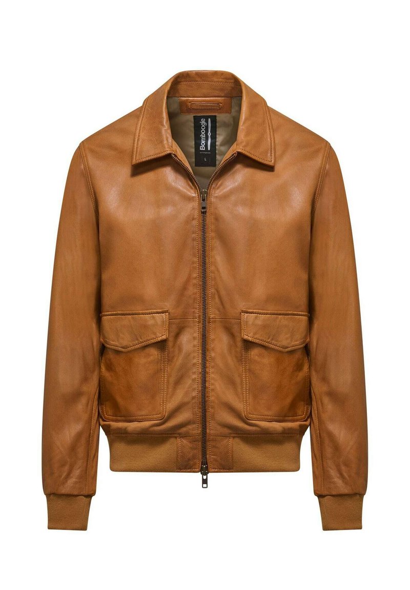 Giubbotto bomber in pelle marrone con zip frontale, due tasche anteriori, colletto, polsini e orlo a costine, caratterizzato da una consistenza liscia.