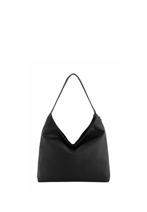 Schwarze Leder-Schultertasche mit weicher, lässiger Form und einem breiten einzelnen Riemen, präsentiert vor weißem Hintergrund.