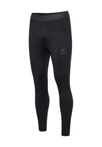 Leggings deportivos negros con un diseño ajustado, cinturilla elástica, bolsillo lateral y un discreto detalle de logo en la parte frontal. Tejido liso y elástico.