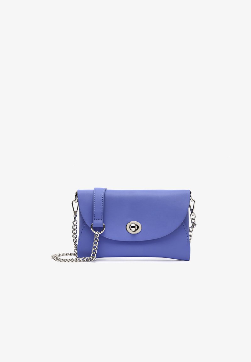 Purple synthetic leather handbag with a fold-over flap, metallic button closure, and a chain strap. Smooth texture and minimalist design.