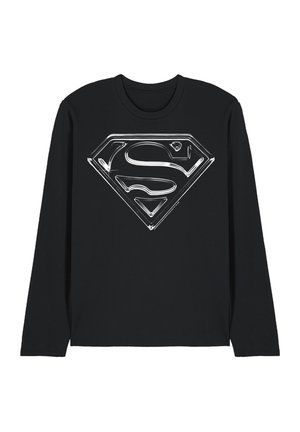 Schwarzes Langarmshirt mit einem großen, glänzenden silbernen Superman-Logo, das mittig auf der Brust prangt.