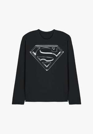 Black long-sleeve shirt featuring a large, shiny silver Superman logo centered on the chest.