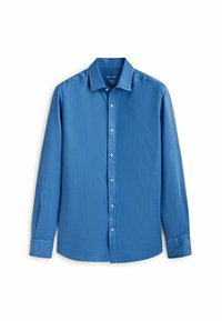 Långärmad blå skjorta med knäppning och krage, uppvisad platt mot en vit bakgrund.