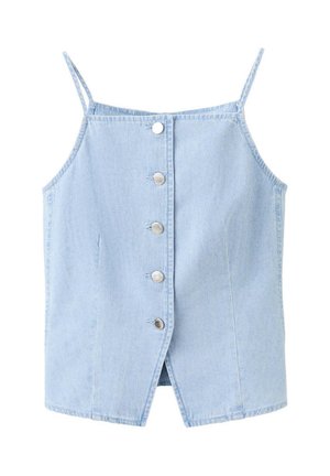 Haut sans manches en denim bleu clair avec fines bretelles et cinq boutons argentés sur le devant, avec une petite fente à l'avant de l'ourlet.