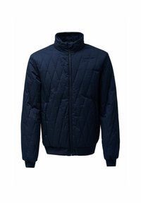 Chaqueta acolchada azul marino con cuello alto, cremallera frontal, puños acanalados y dobladillo. Presenta un patrón de diamante y sin acentos visibles.