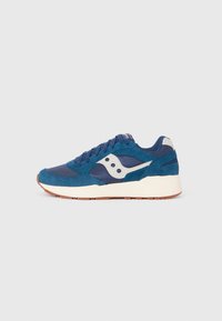 Blue suede and mesh athletic sneaker with a white logo, laces, and a textured rubber sole. Features padded collar and contrasting accents.