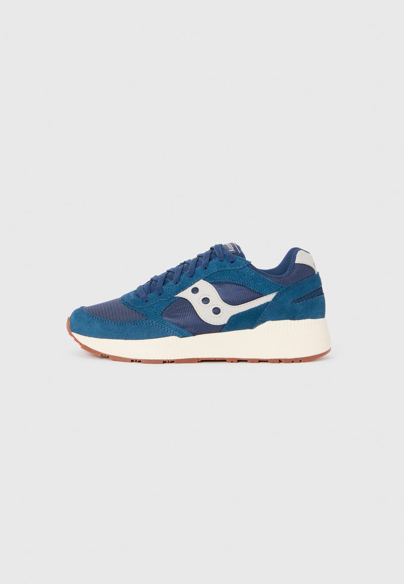 Blue suede and mesh athletic sneaker with a white logo, laces, and a textured rubber sole. Features padded collar and contrasting accents.