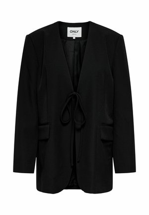 Veste noire à manches longues avec devant ouvert noué à la taille, poches à rabat, doublure en tissu lisse, design sans col.