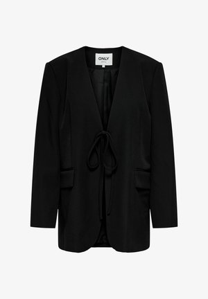 Black long-sleeve blazer with open front tied at waist, flap pockets, and smooth fabric lining, collarless design.