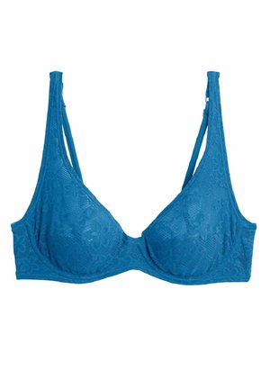 Spidsbh i tealblå med blomsterprint, trekantede skåle, justerbare stropper og en krogclosure bagpå.