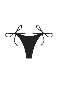 Schwarze Bikiniunterhose mit seitlichen Bindebändern flach auf einem weißen Hintergrund ausgelegt.