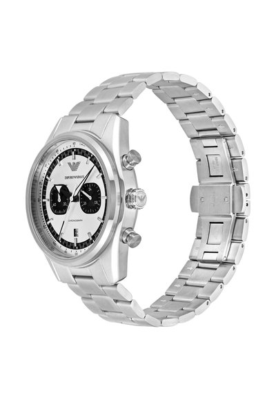 Stainless steel chronograph watch with a white dial, black subdials, and markers; polished case and link bracelet; date display at 6 o'clock.