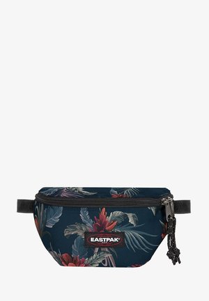 Marsupio Eastpak blu scuro con motivo floreale, dotato di cerniera nera e cordini di tiraggio, con foglie tropicali e fiori in toni rossi e verdi.