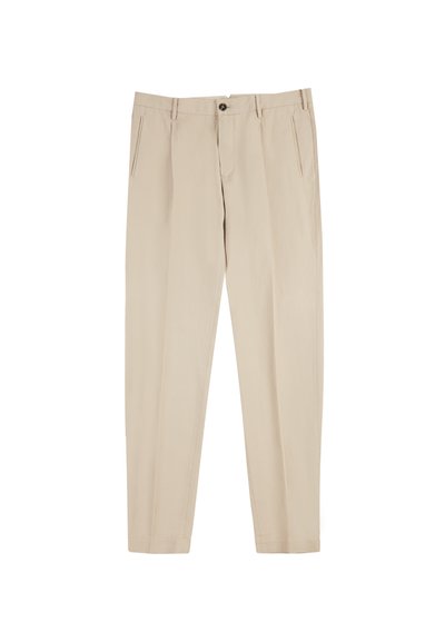 Beżowe spodnie wykonane z lekkiego materiału, z płaskim przodem, dwoma bocznymi kieszeniami i pojedynczym zapięciem na guzik. Dopasowany krój z prostymi nogawkami.