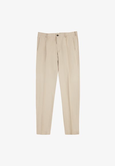 Beżowe spodnie wykonane z lekkiego materiału, z płaskim przodem, dwoma bocznymi kieszeniami i pojedynczym zapięciem na guzik. Dopasowany krój z prostymi nogawkami.