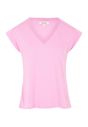 Roze korte mouwen v-hals t-shirt gemaakt van zachte stof, met een losse pasvorm en een licht gestructureerd oppervlak. Merklabel zichtbaar bij de kraag.