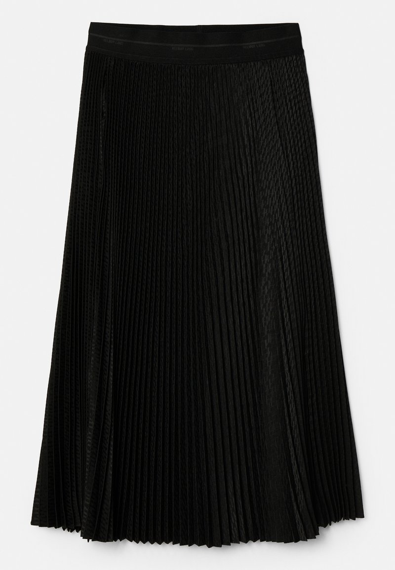 Zwarte geplooide rok met een textured ontwerp, elastische tailleband en gelaagde plooien voor extra beweging en diepte.