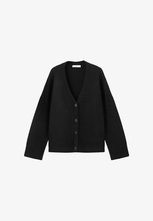 Cardigan nero con scollatura a V profonda, maniche lunghe e polsini a coste. Presenta sei bottoni neri davanti per la chiusura. Tessuto liscio.