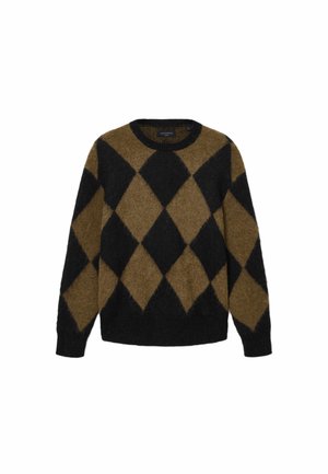 Maglione con motivo argyle in nero e marrone, realizzato in materiale a maglia morbida e soffice. Collo rotondo e maniche lunghe; texture morbida con una vestibilità comoda.