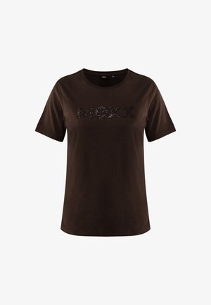 Bruine katoenen t-shirt met korte mouwen en een ronde hals, voorzien van een getextureerd "M3XX" logo in donkere pailletten over de voorkant.